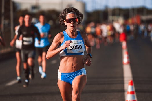 Focused female runner in blue sportswear during a marathon event outdoors.